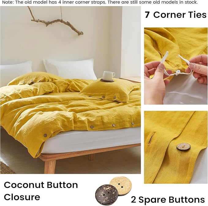 Simple&Opulence 100% Linen Duvet Cover Set 3pcs with Coconut Button Closure Natural French Washed Flax Solid Color Soft Breathable Farmhouse Bedding - Mustard Yellow, Full Size