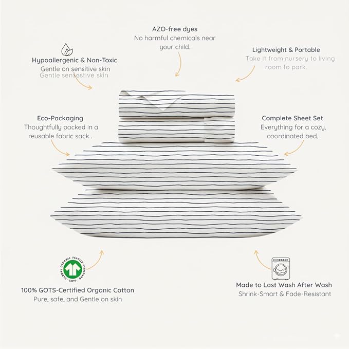 MakeMake Organics Organic Sheets (4 Piece) GOTS Certified Organic Cotton Queen Sheets Set Dreamy Soft Fitted Sheet Flat Sheet 2 Pillow Cases Kids Room (Queen, Blue Stripes)