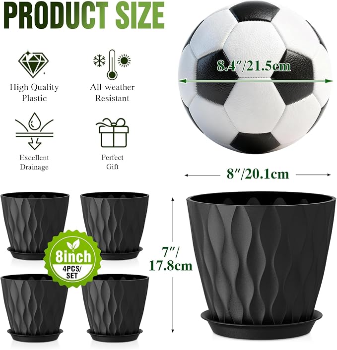 8 Inch Plant Pots 4 Pack Plastic Planters with Drainage & Saucers | 8 inch 4 pack plastic plant pots with 3D water ripple texture, drainage holes and saucers for indoor outdoor plants