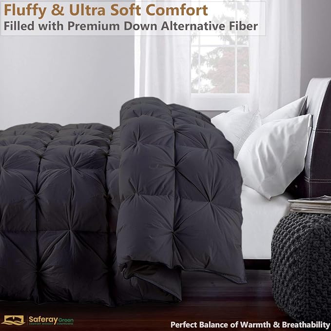 Over Queen Size Down Alternative Comforter 98x98 Inch Dark Gray – 500 GSM Ultra Soft Breathable, Luxury Pintuck Pinch Pleat, All Season Duvet Insert with Corner Tabs, Machine Washable