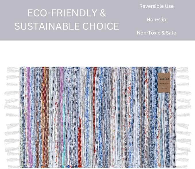 Cotton Chindi Rug - Boho Rustic Area Accent Throw Rug - Area Floor Carpet for Bedroom Living Room Kitchen Dorm Entryway Hallway - 20x32 inch Hand Woven Reversible Rug Pastel Multi Color