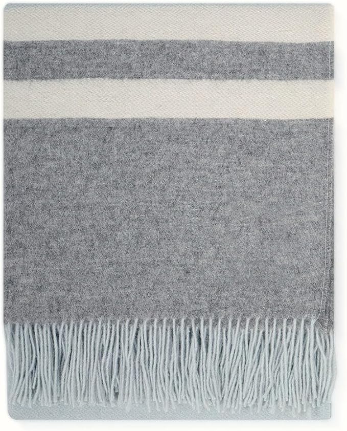 Superfine Alpaca Wool Throw Blanket - Lightweight Alpaca Merino Wool Throw Blankets | Soft Peruvian Alpaca Blanket Wool Blanket Striped Design 63" x 52" (Sky Blue/Soft Gray/Ivory)