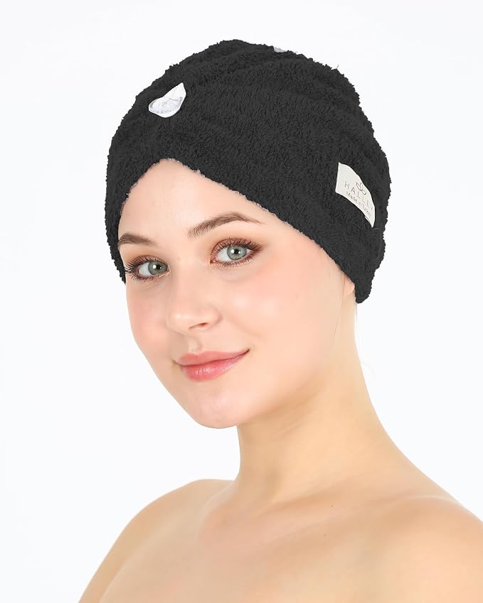 HALLEY Cotton Hair Towel Wrap (3 Packs) Super Absorbent Fast Drying Hair Towel for Thick Hair Turbans for Wet Hair with Button (Black, White, Pink)