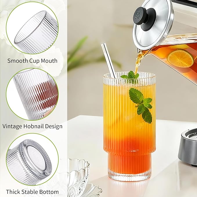 Ribbed Drinking Glasses Set of 8, Stackable Cute Kitchen Glasses Cups 16oz and 7oz Iced Coffee Glasses cocktail Glass cup for Water, Beverage, Whiskey