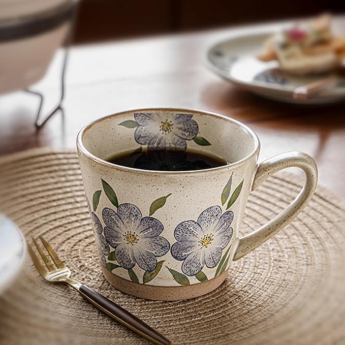 15oz Vintage Floral Ceramic Coffee Mug, Hand-Painted Lead-Free Tea Cup with Comfort Handle, Microwave & Dishwasher Safe for Home Office & Gift for Women (Purple Floral, 15, ounces)