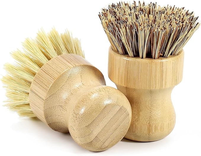 2-Pack Natural Bamboo Dish Brush Set – Eco-Friendly Scrub Brushes with Sisal & Palm Bristles for Non-Stick Cookware, Pots, Vegetables, and Kitchen Cleaning