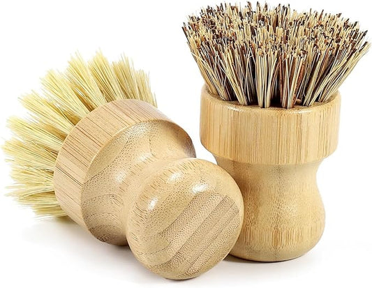 2-Pack Natural Bamboo Dish Brush Set – Eco-Friendly Scrub Brushes with Sisal & Palm Bristles for Non-Stick Cookware, Pots, Vegetables, and Kitchen Cleaning