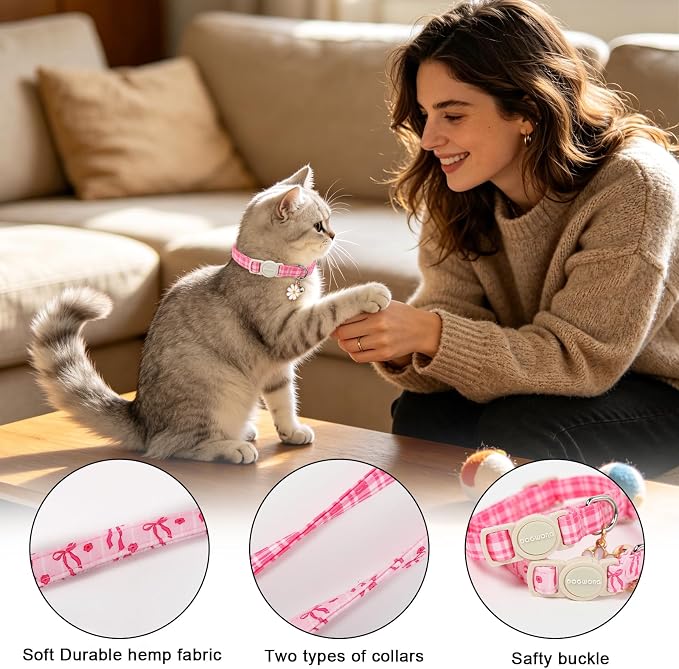 2 Pack Pink Cat Collars - Spring Summer Pink Bow Breakaway Cat Collar with Bell, Adjustable Cute Pink Plaid Kitten Collars for Girl Cats, 7-12 Inch