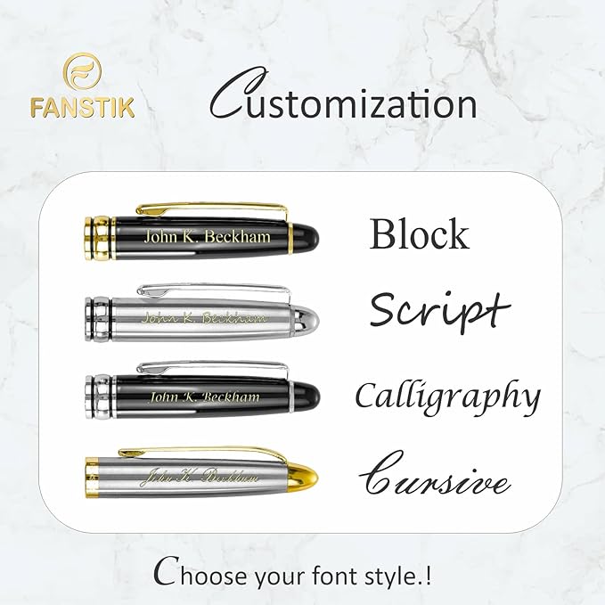 FANSTIK Customized RollerBall pen with name (MADE IN USA), stainless steel, black and silver, luxury engraved pen personalized for men and for women. (RollerBall Black-Silver)