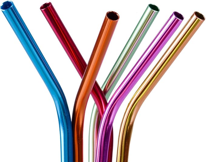 6Pcs 10.5"Drinking Straws, Stainless Steel Straws,, Reusable Metal Straws, Rainbow Colorful Straws for 20 30oz Stainless Tumblers Rumblers Cold Beverage, Free Cleaning Brush Included, Bent