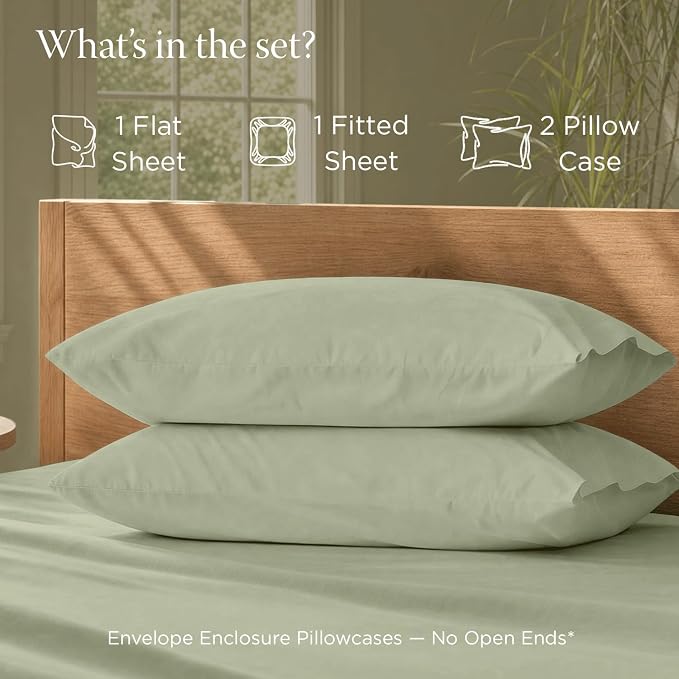 Threadmill Luxury Organic Cotton Sheets - GOTS Certified 4 Piece King Sage Green Percale Sheets Set, Breathable, Premium Sheet Set - Smooth & Cool Bedding Perfect Elastic Deep Pocket Fit