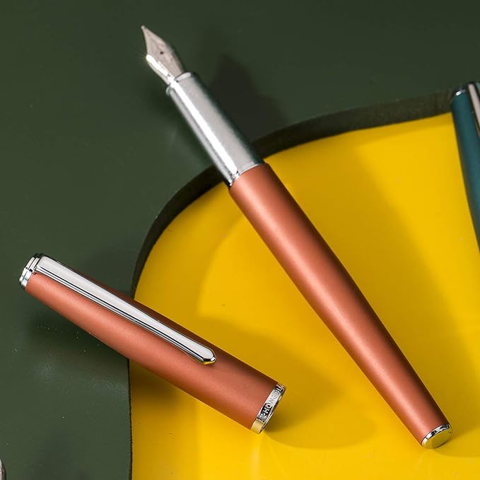 Hongdian 920 Orange Metal Fountain Pen Medium Nib Classic Pen, Includes Refillable Converter and Pen Pouch