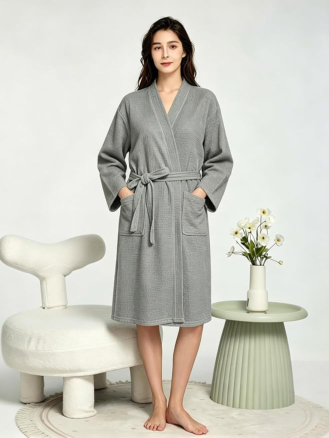 Waffle Robes for Women Knit Cotton Soft Spa Bathrobe | Lightweight Loungewear, Knee Length with Pockets, V Neck, Kimono, Absorbent, Breathable, Removable Belt