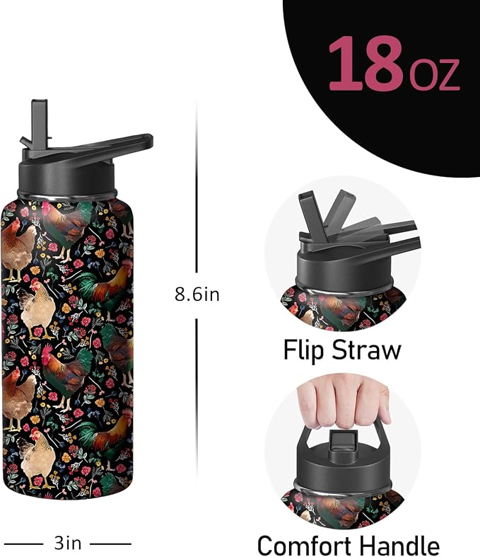 18oz Chicken Water Bottle with Handle and Flip Straw, Animal Sports Stainless Steel Insulated Cup Travel Coffee Mug Tumbler, Birthday Mothers Day Chritmas Gifts for Women