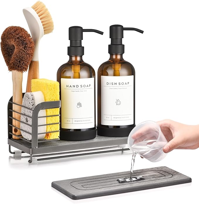 Kitchen Soap Dispenser Set with Drying Tray – 16oz Glass Bottles with Stainless Steel Pumps, Sink Organizer Caddy with Brush Holder & Non-Slip Feet – All-in-One Dish & Hand Soap Station