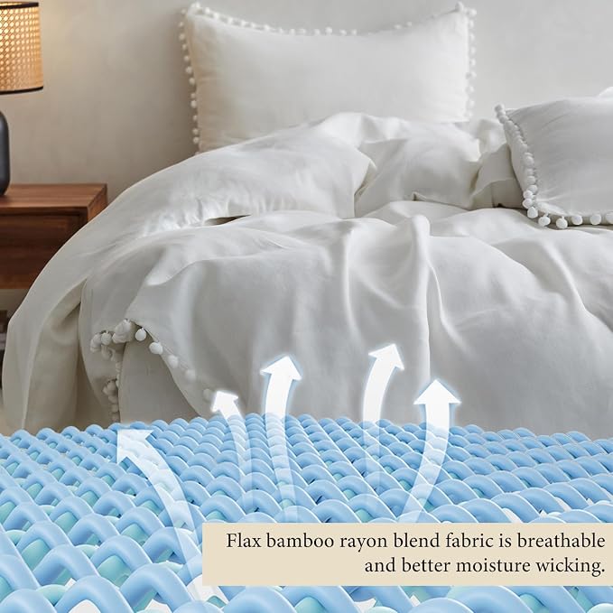 Simple&Opulence French Linen Blended Duvet Cover Queen, Flax Viscose Derived from Bamboo Bedding Set with Pom Pom Trim Soft Cooling for Hot Sleepers, 1 Boho Comforter Cover and 2 Pillow Shams, White