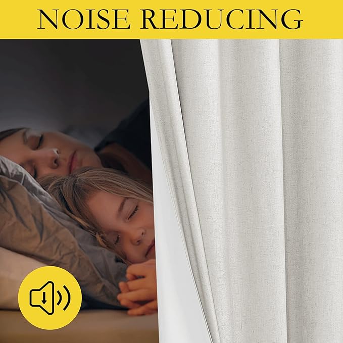 NICETOWN 100% Absolutely Blackout Linen Curtains with Thermal Insulated White Liner, Ivory, W52, 2 Pieces, Back Tab Noise Reducing Textured Linen Look Windows Curtains 90" Length for Classroom