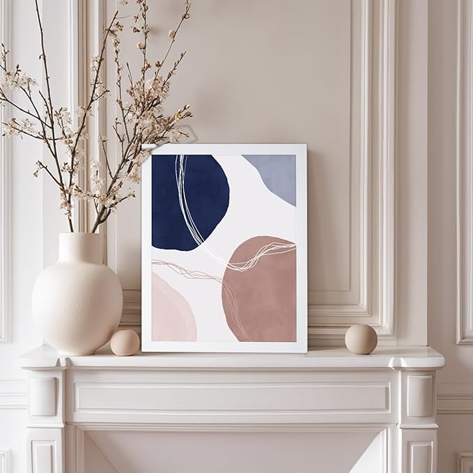Monem Art Abstract Organic Shapes Print - Scandinavian Blue Geometric Poster - Wall Decor for Living Room, Bedroom or Office - 8x10 White Framed Wall Art by Mareike Bohmer