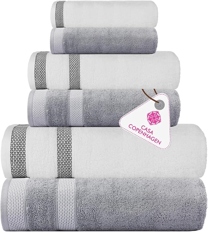 CASA COPENHAGEN Solitaire 6Pcs 100% Egyptian Cotton Large Designer Towels Gift Set- Grey Violet - White, 600GSM, 2Bath 2Hand 2Washcloths, Bath Towels for Bathroom Set for Women & Men