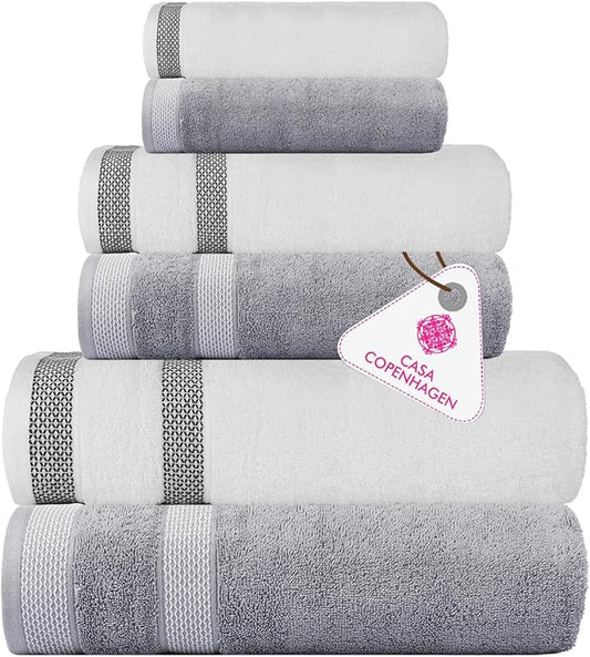 CASA COPENHAGEN Solitaire 6Pcs 100% Egyptian Cotton Large Designer Towels Gift Set- Grey Violet - White, 600GSM, 2Bath 2Hand 2Washcloths, Bath Towels for Bathroom Set for Women & Men