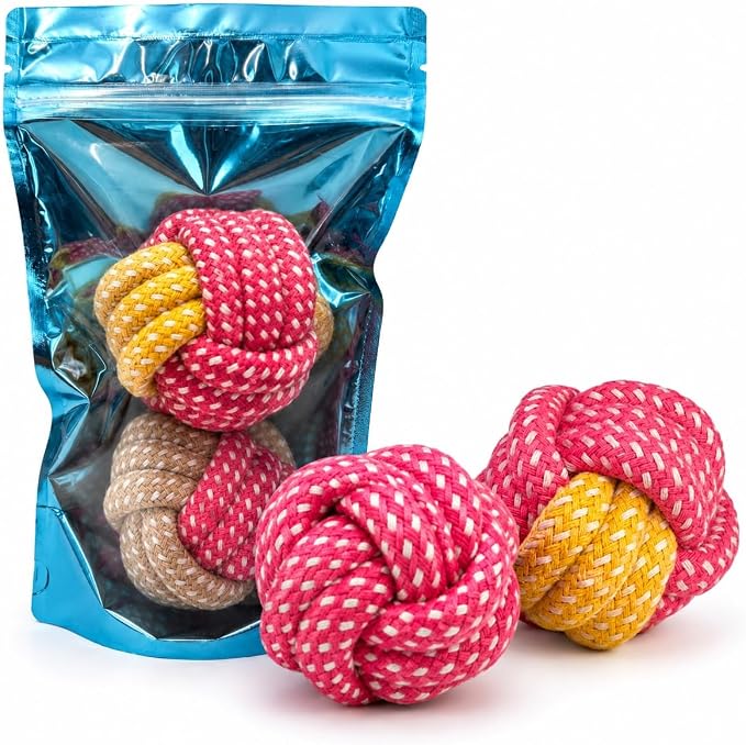 Cotton Rope Dog Ball Toy – Durable Braided Chew & Fetch Ball for Small to Medium Dogs – Natural Teeth Cleaning, Random Colors (Random Pink)