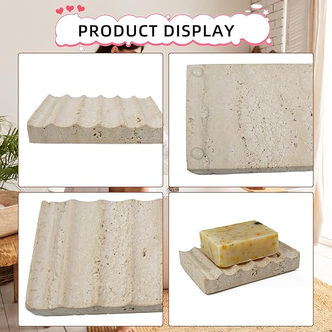 Natural Travertine Soap Dish, Draining Soap Dish for Shower, Stone Bar Soap Holder with Feets,Gorgeous for Soap Tray for Bathroom Shower Kitchen Counter Sink, Beige