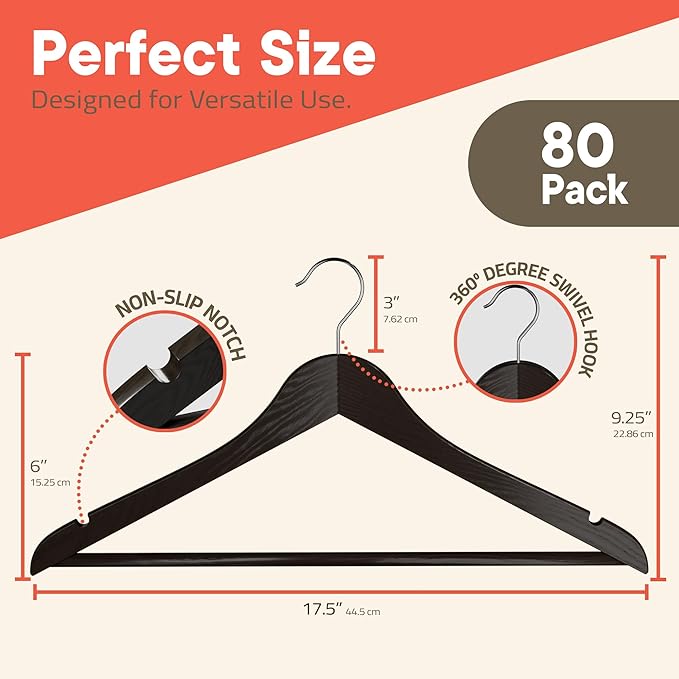 Brown Wooden Hangers 80 Pack – Heavy-Duty with 360° Swivel Hook, Non-Slip, Pants Bar & Shoulder Grooves - Wooden Hangers for Suits, Jackets, Dresses & Camisoles, Space-Saving and Smooth Finish