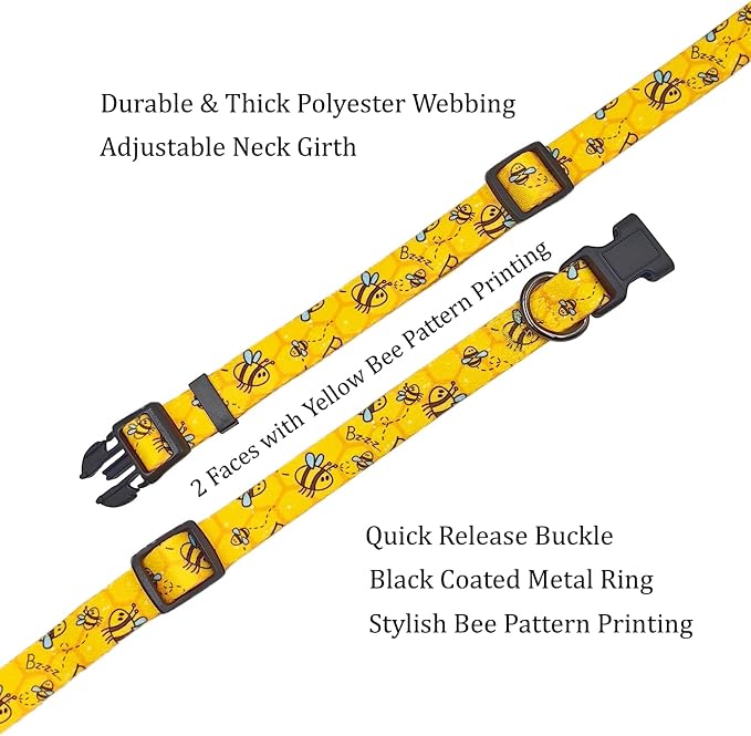 Dog Collar Leash Set, Busy Bee Pattern, 5ft Matching Leash, Polyester Material, 4 for Small Medium Large Dogs.(M, Bee)