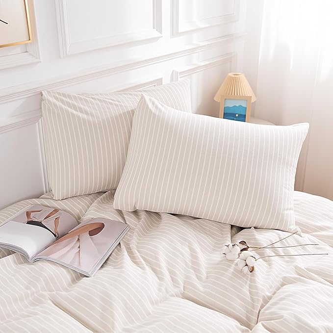 NEXHOME PRO Striped Duvet Cover Twin Size,100% Washed Cotton Bedding Set,Textured Linen Feel,Breathable,Organic,2 Piece(White Stripes 68x90)