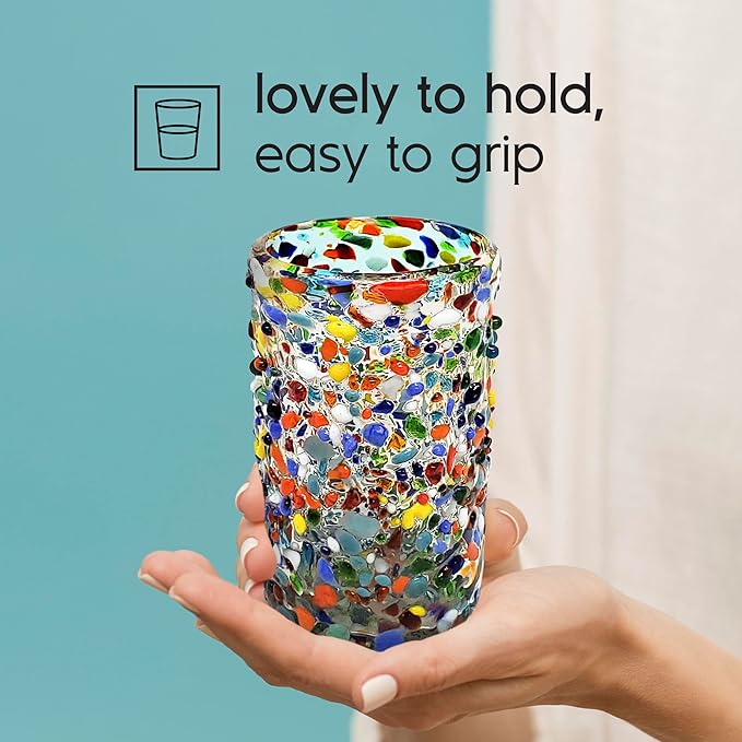 Confetti Rocks 14 oz Drinking Glasses (set of 6) Mexican Handmade Multicolor Glassware, Recycled Glass, Lead-free, Toxin-Free (Drinking)