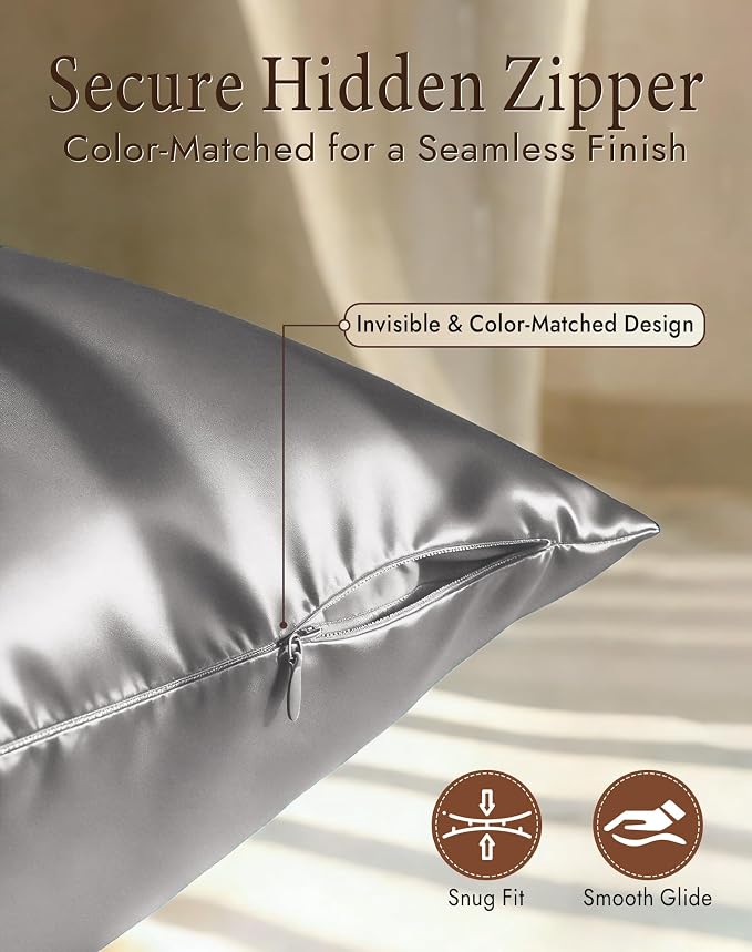 SilkSilky 100% Mulberry Silk Pillowcase - Pure 22 Momme High-Grade 6A Fibers for Hair & Skin, Hidden Zipper, Natural, Organic, Breathable & Cooling Pillow Case (Queen 20''x30'', Darkgray)