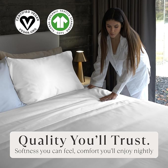 Delilah Home 100% Organic Cotton King Flat Sheet Set, GOTS & Vegan.org Verified, Long Stem 300 TC Sateen Bedding, Non-Synthetic, Deep Pocket Fitted Linen, Lightweight, All-Season, 4 Piece Set - White