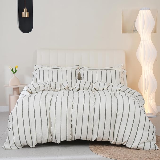 S VICTORY SYMBOL 100% Organic Linen Duvet Cover Set,Yarn Dyed Green Vertical Stripe French Natural Flax Bedding Set,3pcs Farmhouse Comforter Cover Set Full Size