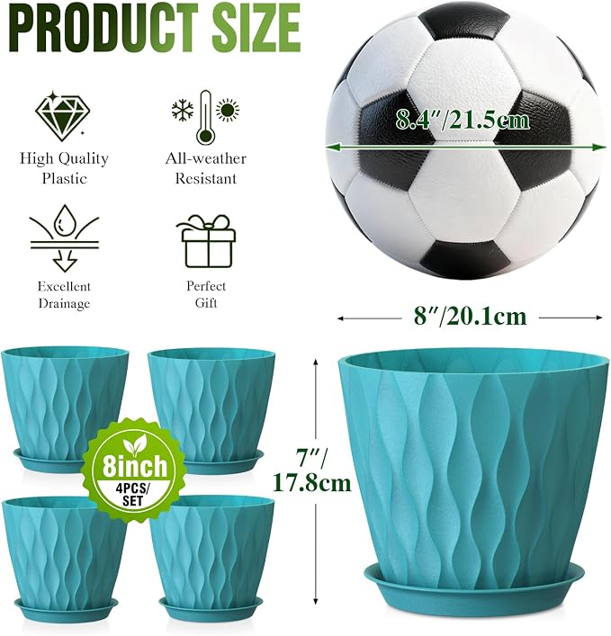 8 Inch Plant Pots 4 Pack Plastic Planters with Drainage & Saucers | 8 inch 4 pack plastic plant pots with 3D water ripple texture, drainage holes and saucers for indoor outdoor plants