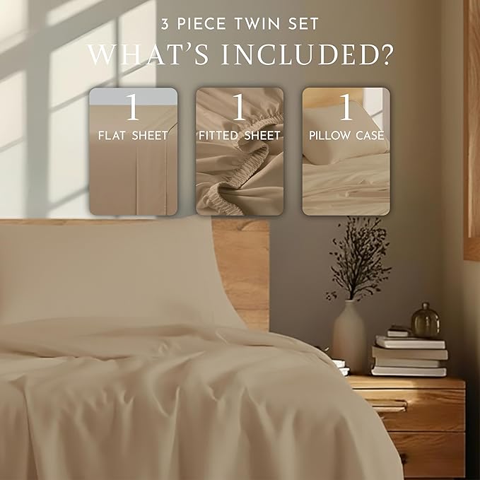 Linen Closet 3 Pc 100% Organic Cotton Twin Sheets Set, Tan, 300 Thread Count, Naturally Derived EarthColors, Deep Pocket Fitted Sheet (Up to 18"), Smooth & Soft Bed Sheets Set, Juego De Sábanas Twin