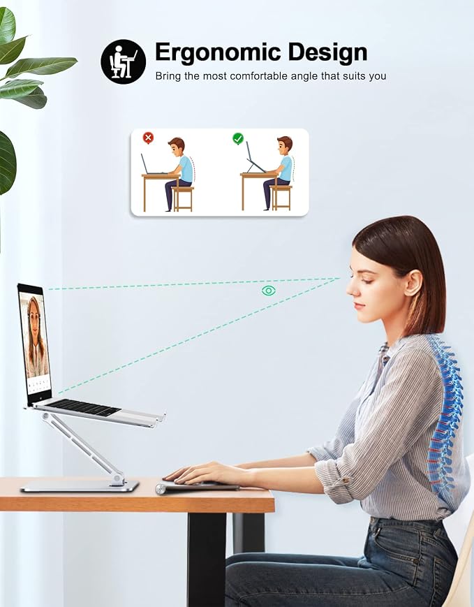 RIWUCT Foldable Aluminum Alloy Laptop Stand for Desk, Height Adjustable Ergonomic Computer Stand for Laptop, Portable Laptop Riser Holder Printer Stand Compatible with MacBook Pro Air/HP/Dell 10-16"