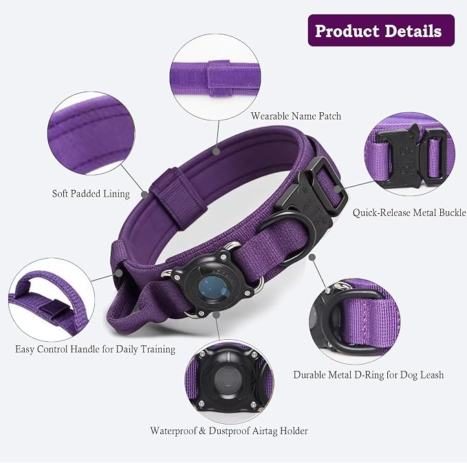Upgraded AirTag Dog Collar,Waterproof Tactical Dog Collar with AirTag Holder, Control Handle and Metal Buckle,Heavy Duty Dog Collars for Large Dogs Adjustable Heavy Duty Dog Collars(DeepPurple，M