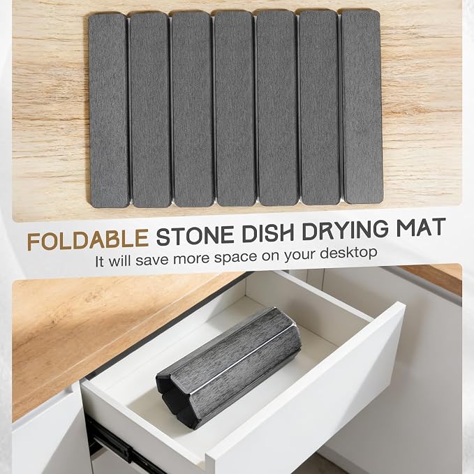 Stone Drying Mat 16" x 12" , HQAUT Quick Dry Dish Drying Mat for Kitchen Counter, Foldable Diatomaceous Earth Mats, Fast Drying Stone Pad for Bath Kitchen