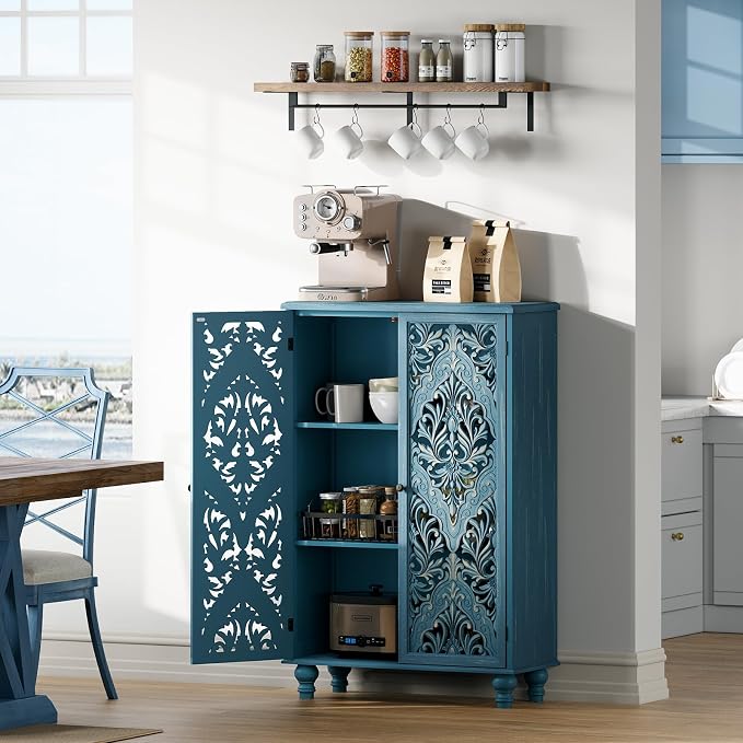 JOINICE 47" Tall Accent Cabinet with Carved Doors & Storage for Living Room,Blue Cabinet with Solid Wood Legs & 100lbs Capacity, Farmhouse/Rustic Style for Dining Room, Bedroom, Hallway, Home Office