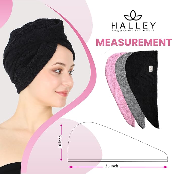HALLEY Cotton Hair Towel Wrap (3 Packs) Super Absorbent Fast Drying Turbans for Thick, Wet Hair with Button (Black, Grey, Pink)