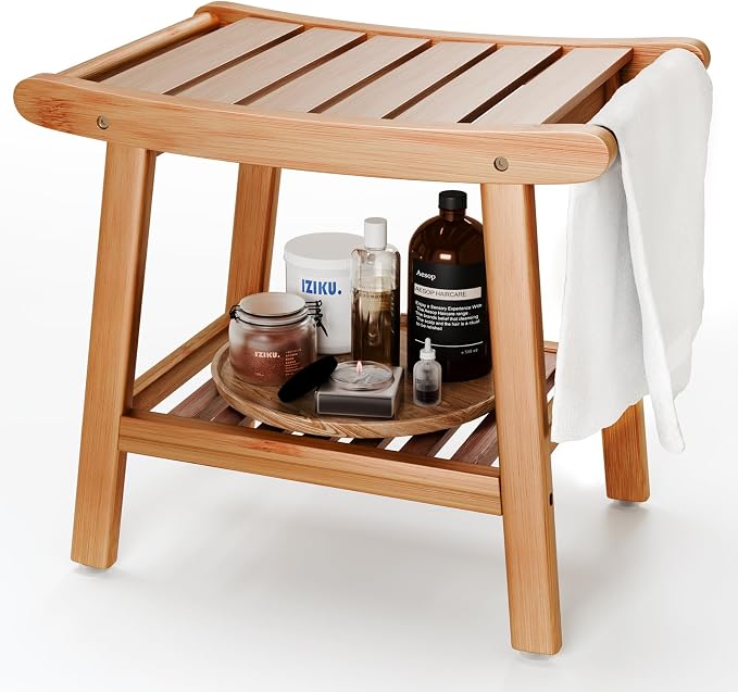 Bamboo Shower Bench for Inside Shower to Sit on,Waterproof Shower Stool for Shaving Legs,Spa Bathroom Shower Chair with Storage Shelf, Bathroom Bench Seat-Natural Bamboo