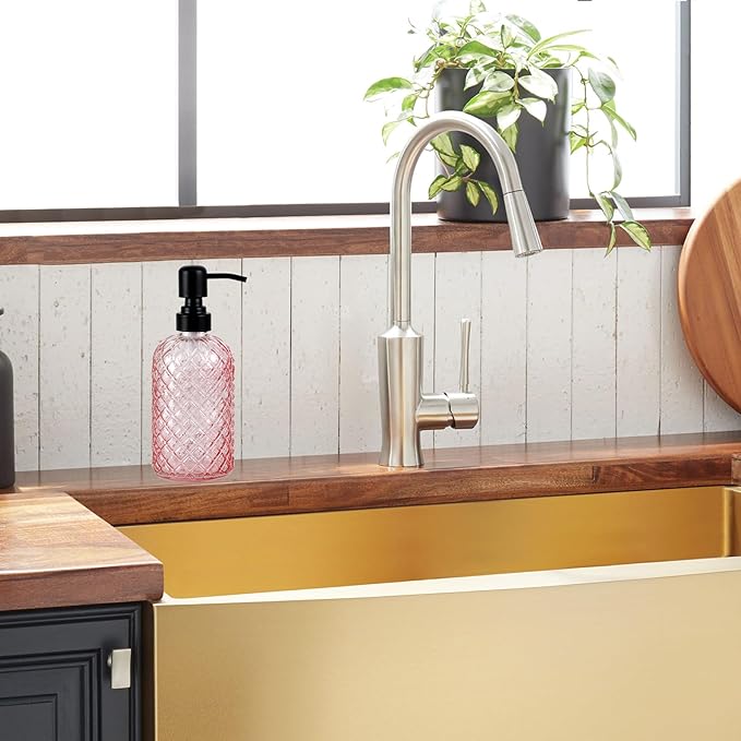 12Oz Glass Soap Dispenser with 304 Black Rustproof Stainless-Steel Pump, Refillable Glass Soap Dispenser for Kitchen, Bathroom, Farmhouse (Pink)