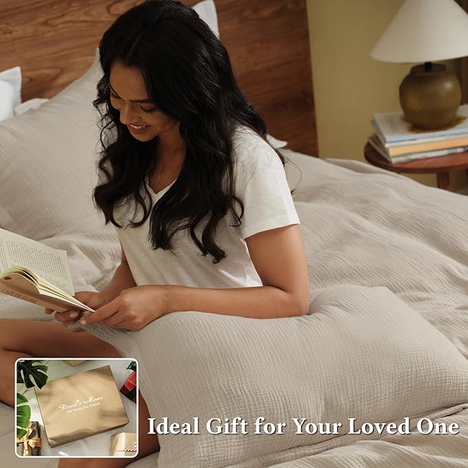 David's Home 100% Cotton Muslin Duvet Cover Set Twin Size,2 Pcs Ultra Soft Breathable & Lightweight Gauze Bedding Set with 1 Pillowcase,Textured Home Decor with Button, 68"×90" Natural,No Insert