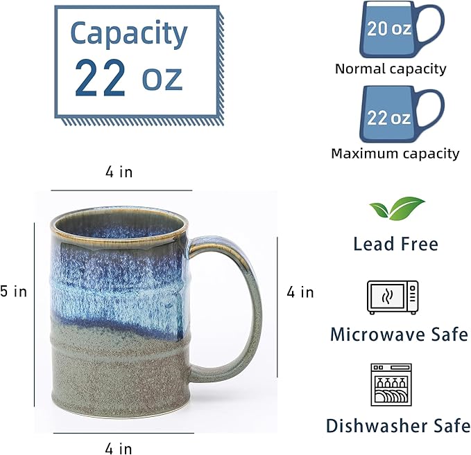 Coffee Mug, 22 oz Beer Mugs Large Ceramic Coffee Mug Tea Cups, Handmade Mug with Big Handle for Office and Home, Dishwasher and Microwave Safe (Rock Green)