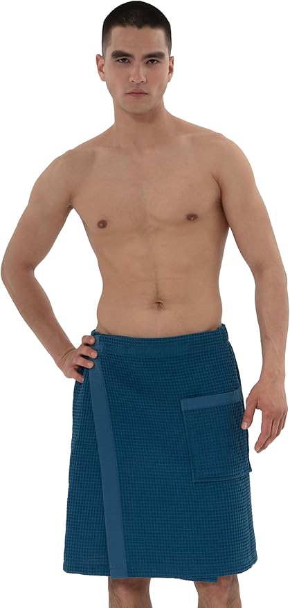 SEYANTE Men's Organic Waffle Spa Wrap – GOTS Certified 100% Turkish Cotton, Adjustable Closure, Same-Color Piping