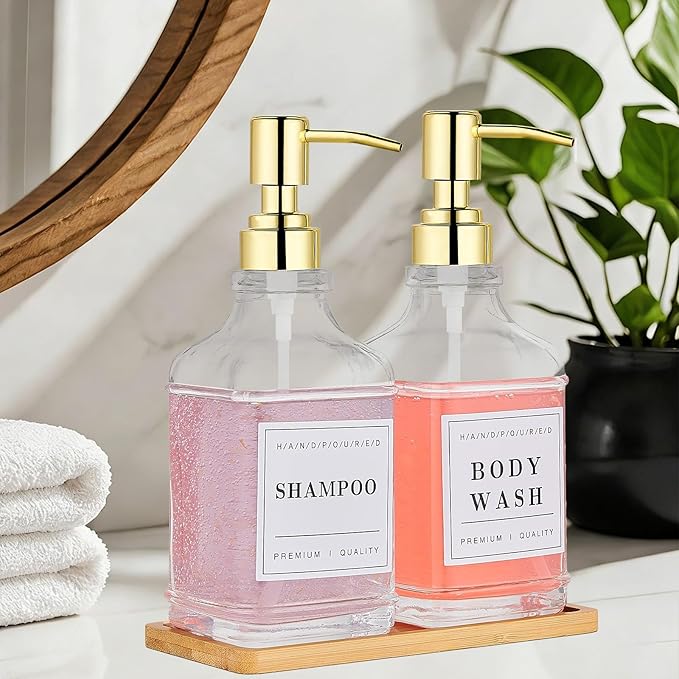 Glass Soap Dispenser with Pump,Tray,Funnel, Countertop Soap and Lotion Dispenser Set of 2 with 60 Stickers, Dish and Hand Soap Dispenser Bottle for Kitchen,Bathroom,Shower,500ml/16.9oz