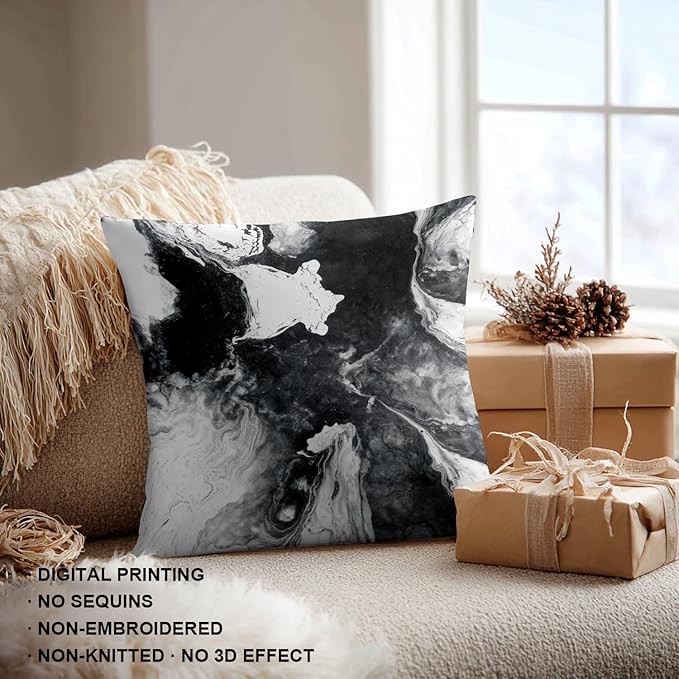 Shrahala Black and White Throw Pillow Cover, Watercolor Abstract Hand Painting On Canvas Modern Square Pillowcase Blended Double-Sided No Inserts for Bedroom Living Room Set of 2 (20 X 20 in)