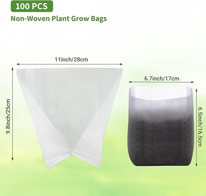 GREANER 100PCS Biodegradable Seedling Bags, 9.8x11 inches Thickened Non-Woven Plant Nursery Bags, Transplant Pots Grow Pouch for Vegetables, Flowers, Fruits, Trees, Home Garden Supply