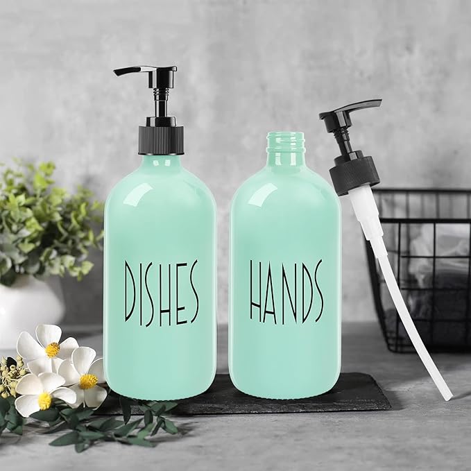 Dish Soap Dispenser for Kitchen - 16 OZ Glass Hand Soap Dispenser Set - Kitchen Bathroom Decor and Accessories (Turquoise Green)
