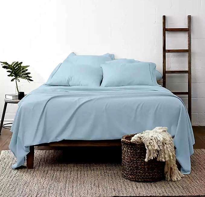 100% Real Certified Organic Cotton Bedsheet Set, Short-Queen Size 6 Piece 1000 Thread Count Sheets Sets, [1 Fitted + 1 Flat + 4 Pillowcases], Extra 24" Deep Pocket - Light Blue
